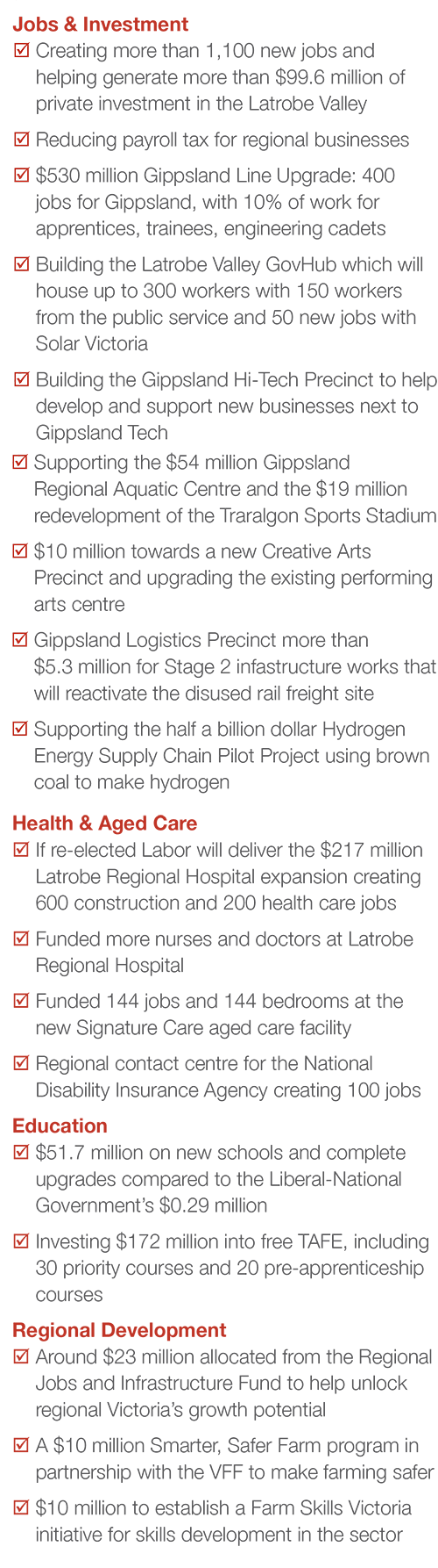 Some of Labor's investments in the Valley for Mark Richards in the Morwell Electorate, Latrobe Valley as the Australian Labor Party (ALP) candidate